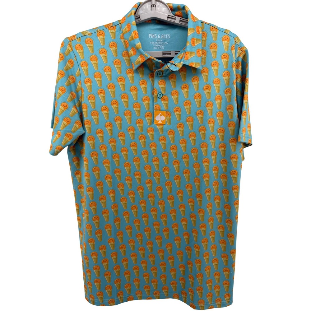 NEW Pins & Aces Mens Ice Cream Cone Performance Golf Polo Blue Orange Medium NEW